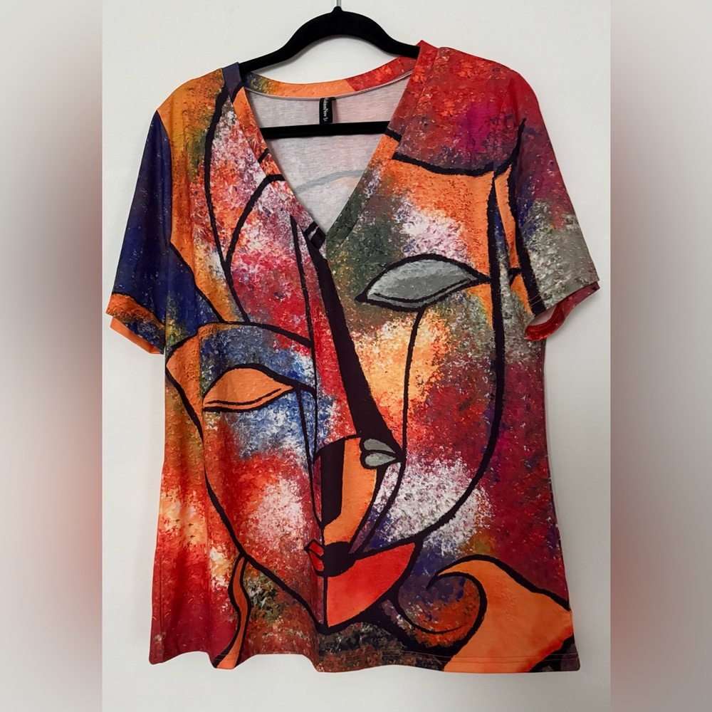 Brand New Vibrant Abstract V-Neck Short Sleeve Top